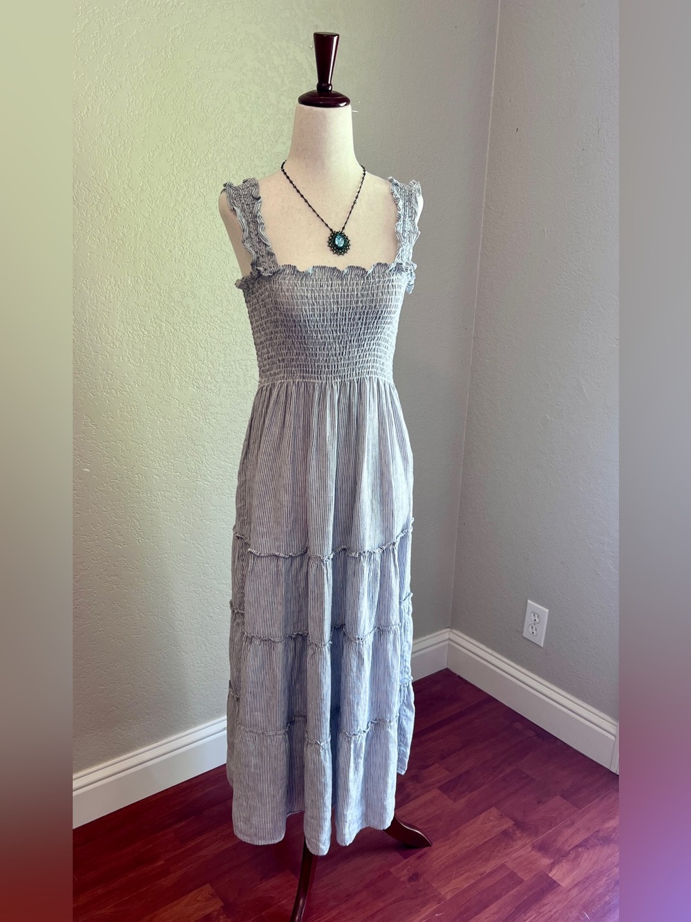 Quince 100% Linen Blue Pinstripe Smocked Midi Dress SMALL - Picture 2 of 15